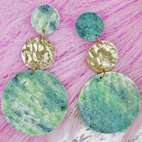 NO 3 Teal And Gold Over The Moon Triple Disk Statement Dangle Earrings NWT - Picture 1 of 3